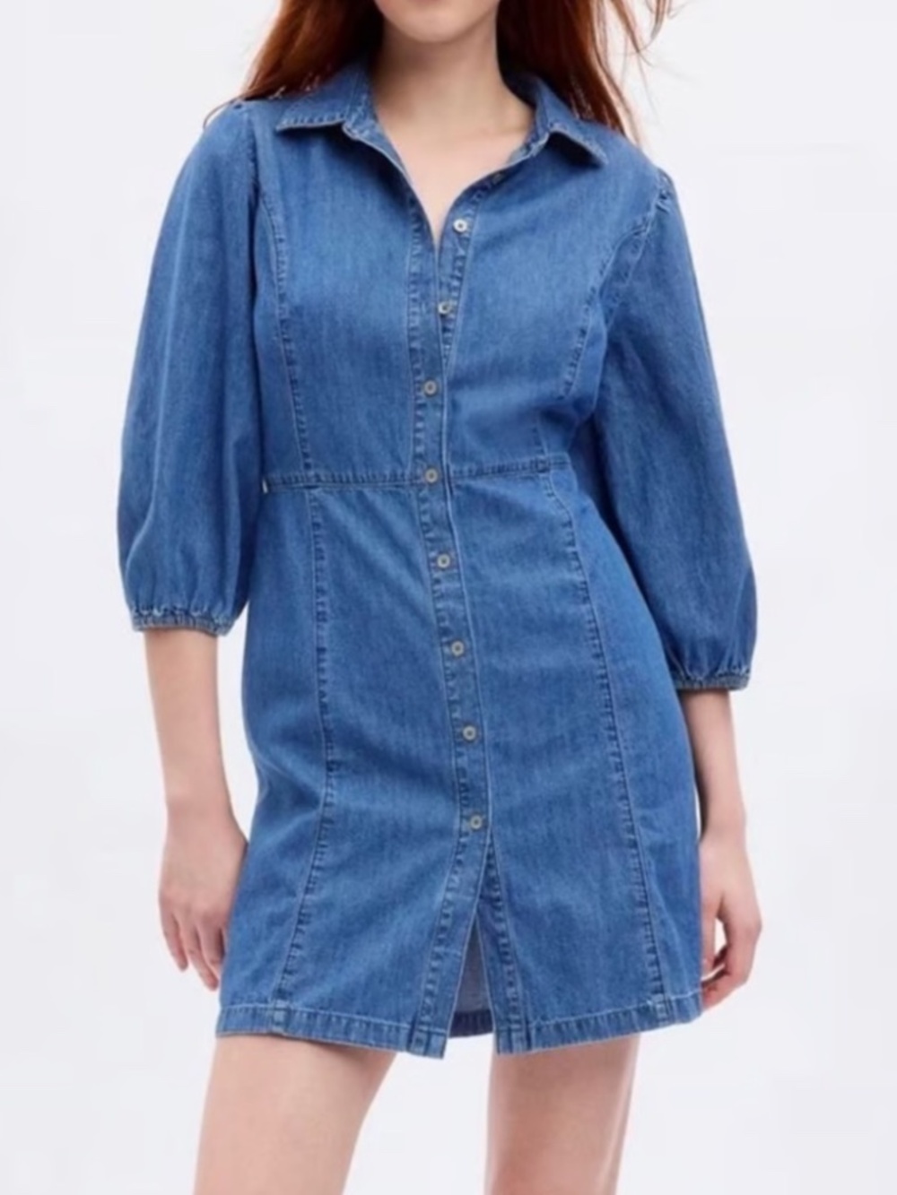 GAP Dark Blue Denim Button-Front Puff Sleeve Dress